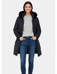 Dámska prešívaná zimná bunda s kapucňou tmavomodrá