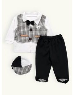 Dvojdielne dupačky s všitou károvanou vestičkou a čiapkou svetlohnedé