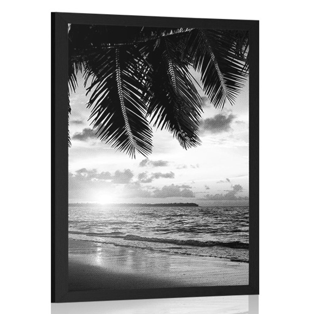 Plakát východ slunce na karibské pláži v černobílém provedení