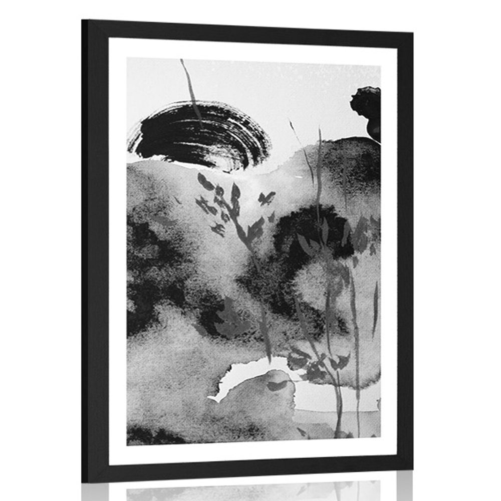 Plakát s paspartou malba japonské oblohy v černobílém provedení