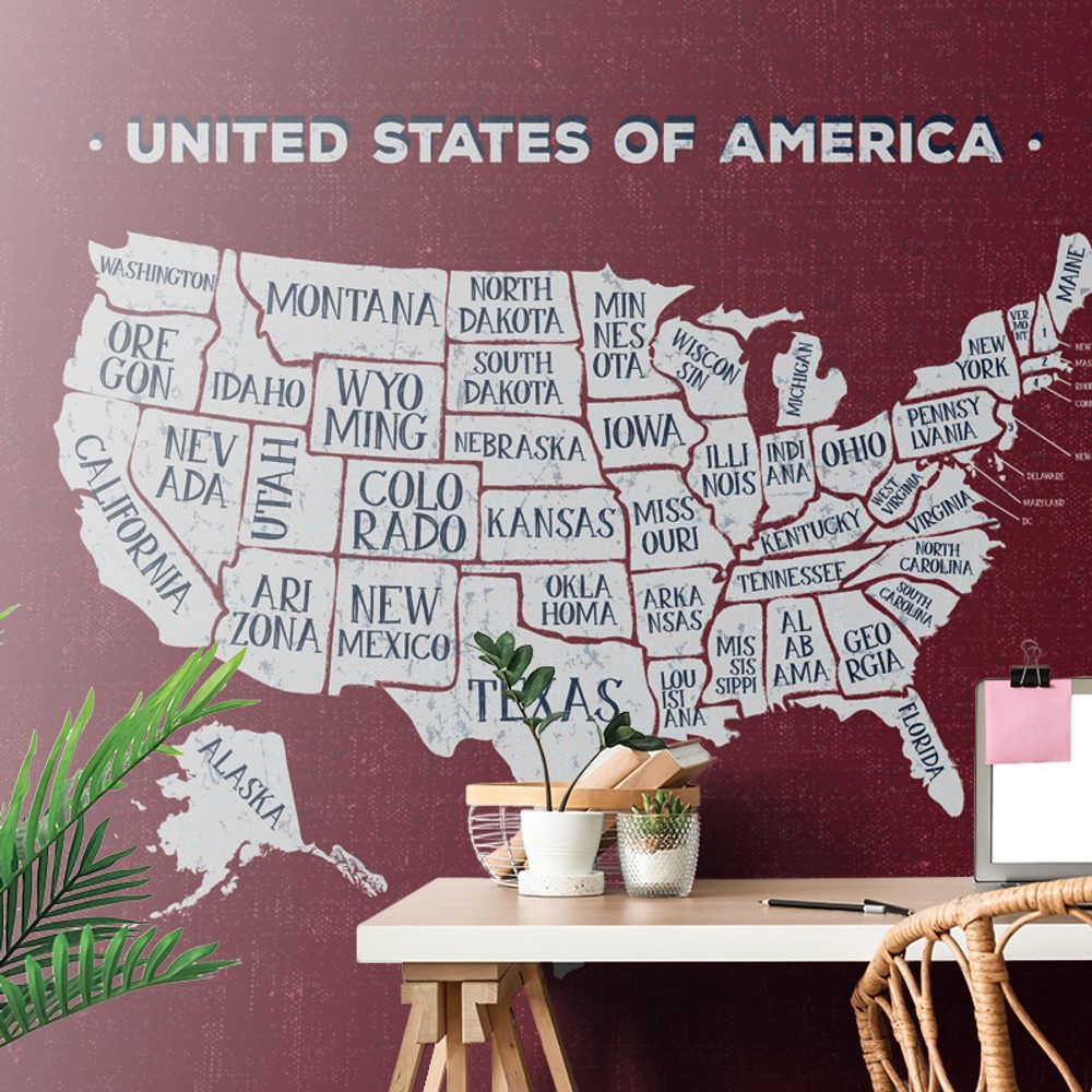 Samolepiaca tapeta náučná mapa USA s bordovým pozadím