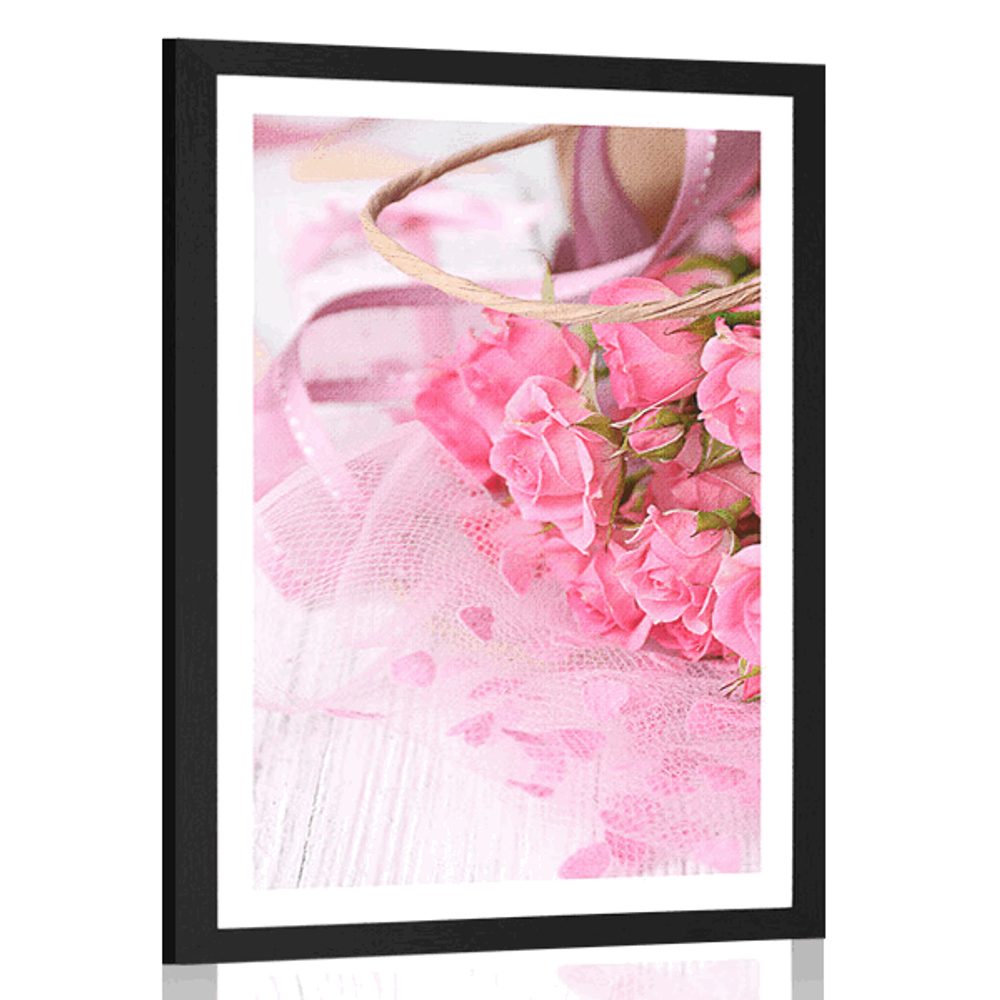 Plagát s paspartou romantická ružová kytica ruží