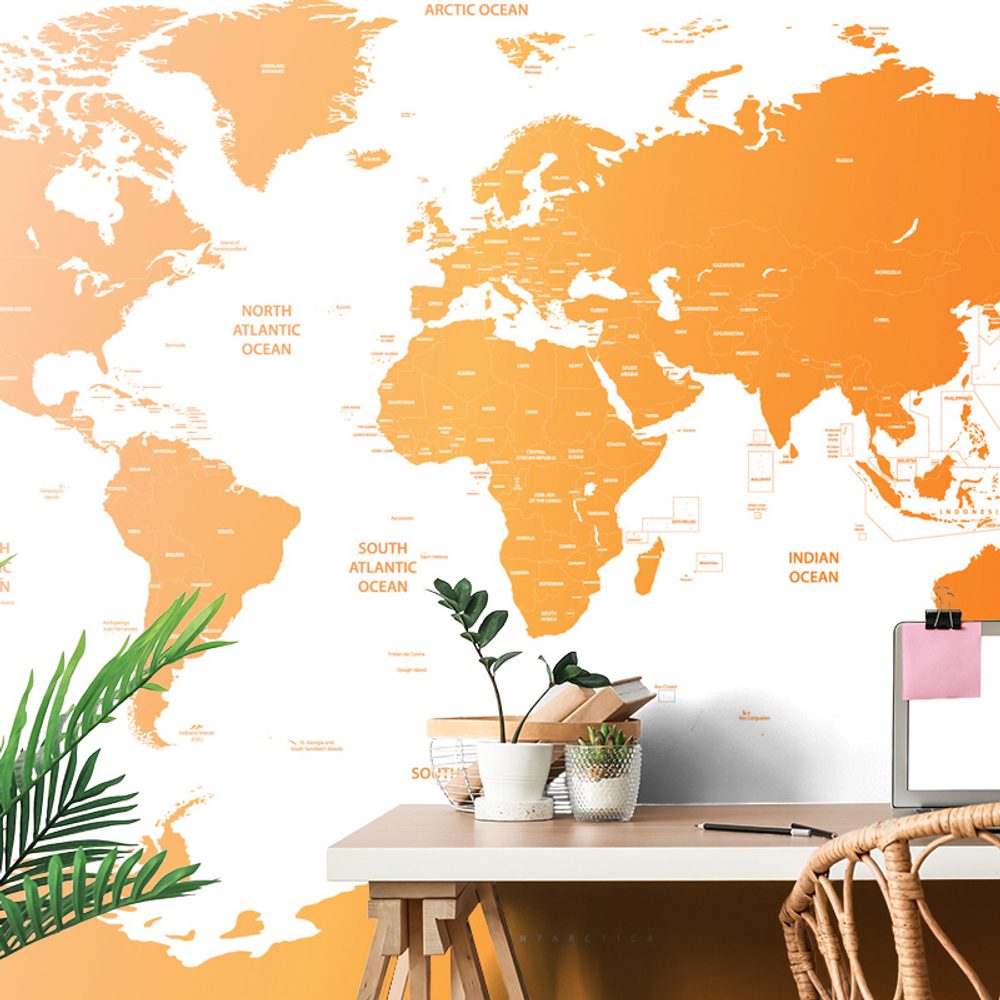 Samolepiaca tapeta mapa sveta s jednotlivými štátmi v oranžovej farbe