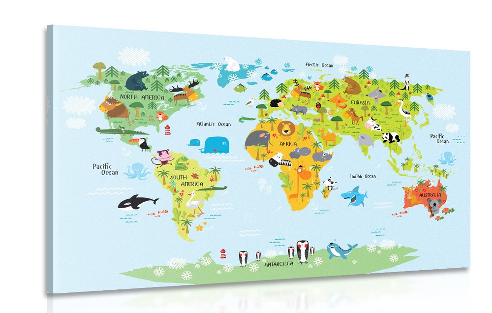 Obraz dětská mapa světa se zvířátky