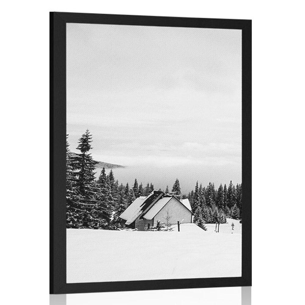 Plakát chaloupka v zasněžené přírodě v černobílém provedení