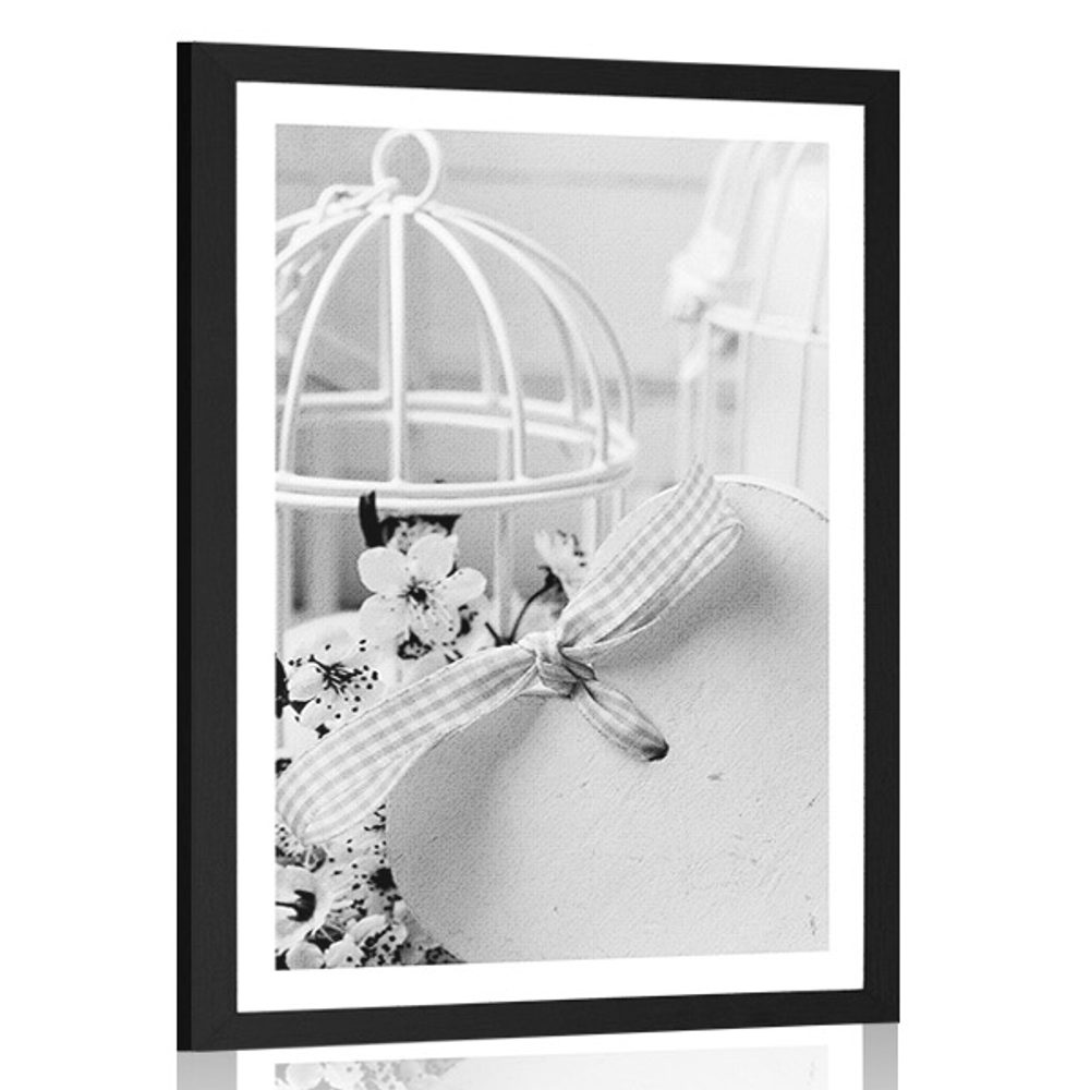Plakát s paspartou romantické zátiší ve vintage stylu v černobílém provedení