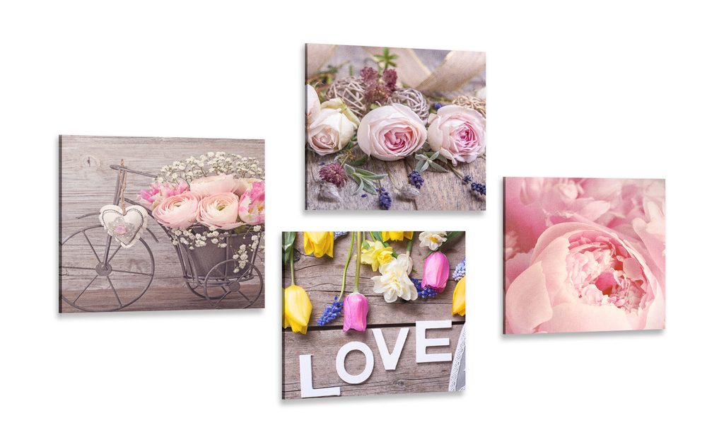 Set obrazů něžné květinové zátiší s nápisem Love