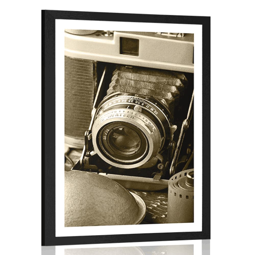 Plakát s paspartou starý fotoaparát v sépiovém provedení