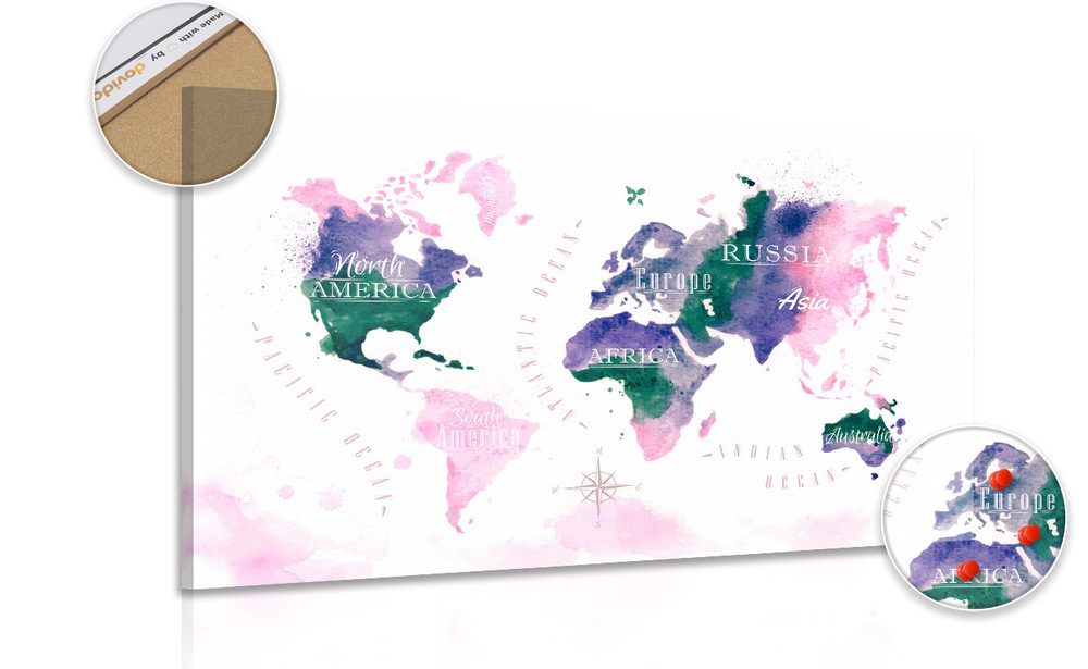 Obraz na korku mapa světa v akvarelovém provedení