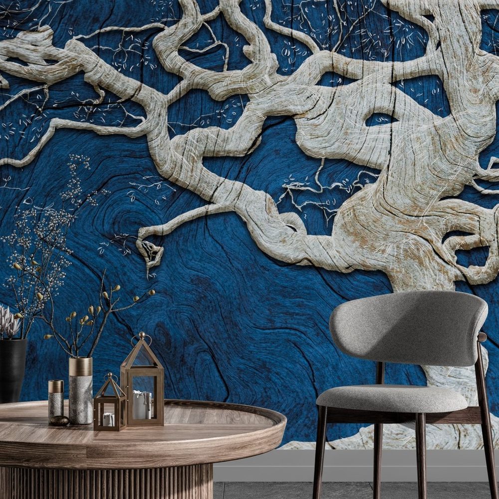 Tapeta abstraktný strom na dreve s modrým kontrastom