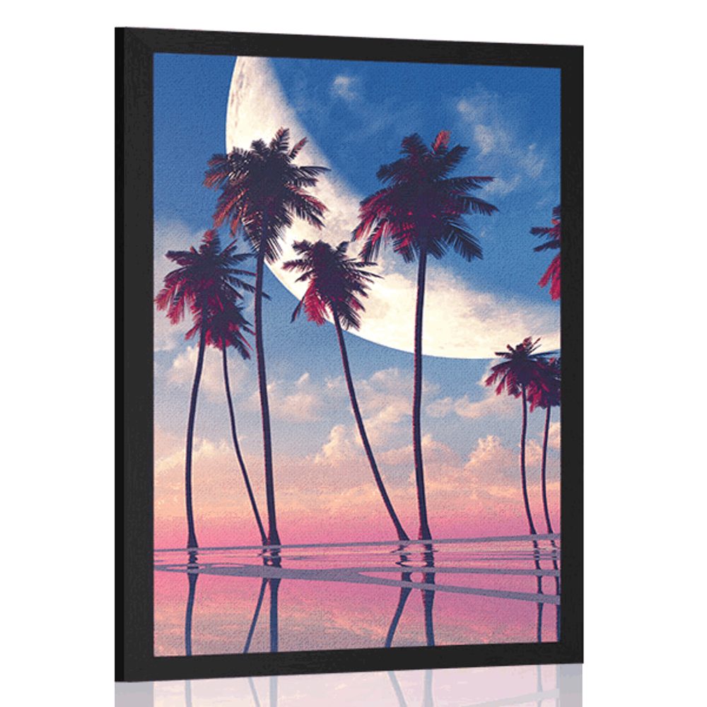 Plakát západ slunce nad tropickými palmami
