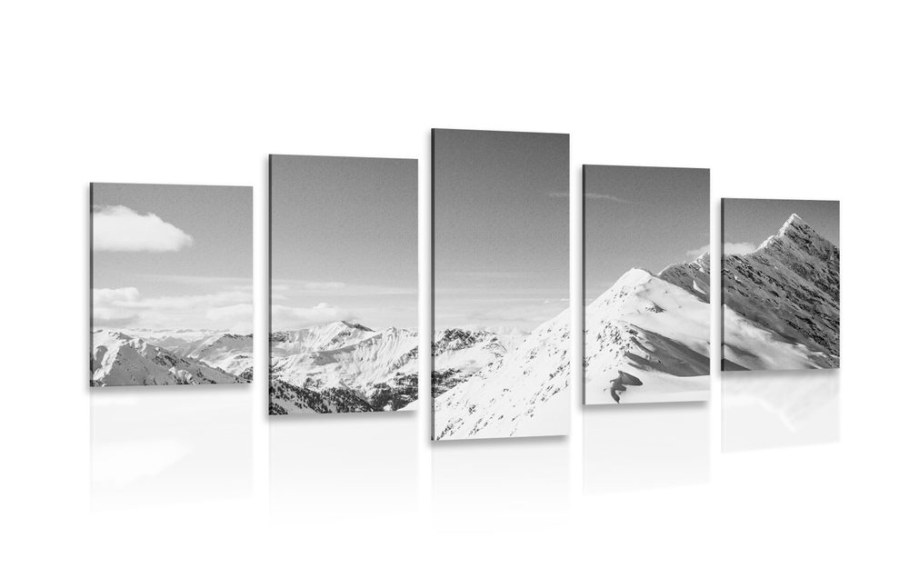 5-dílný obraz zasněžené pohoří v černobílém provedení