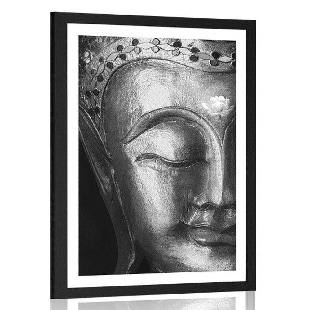 Plakát s paspartou božský Buddha v černobílém provedení