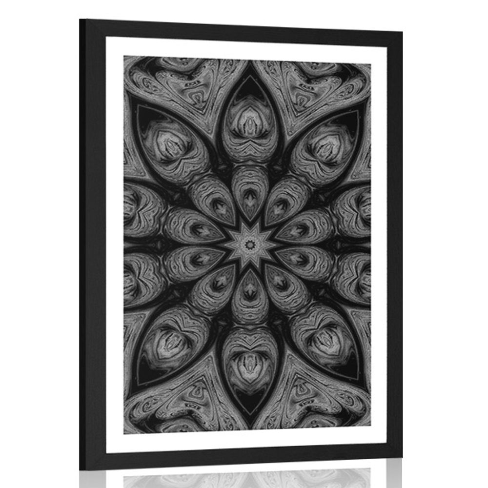 Plakát s paspartou hypnotická Mandala v černobílém provedení