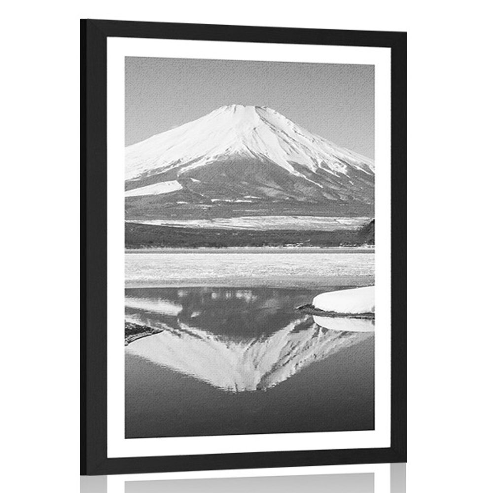 Plagát s paspartou japonská hora Fuji v čiernobielom prevedení