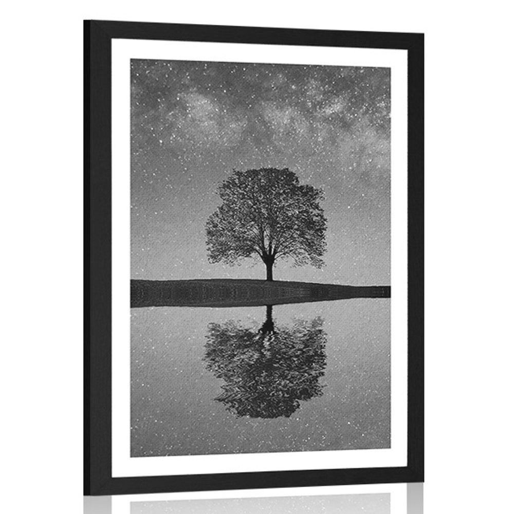 Plakát s paspartou hvězdná obloha nad osamělým stromem v černobílém provedení