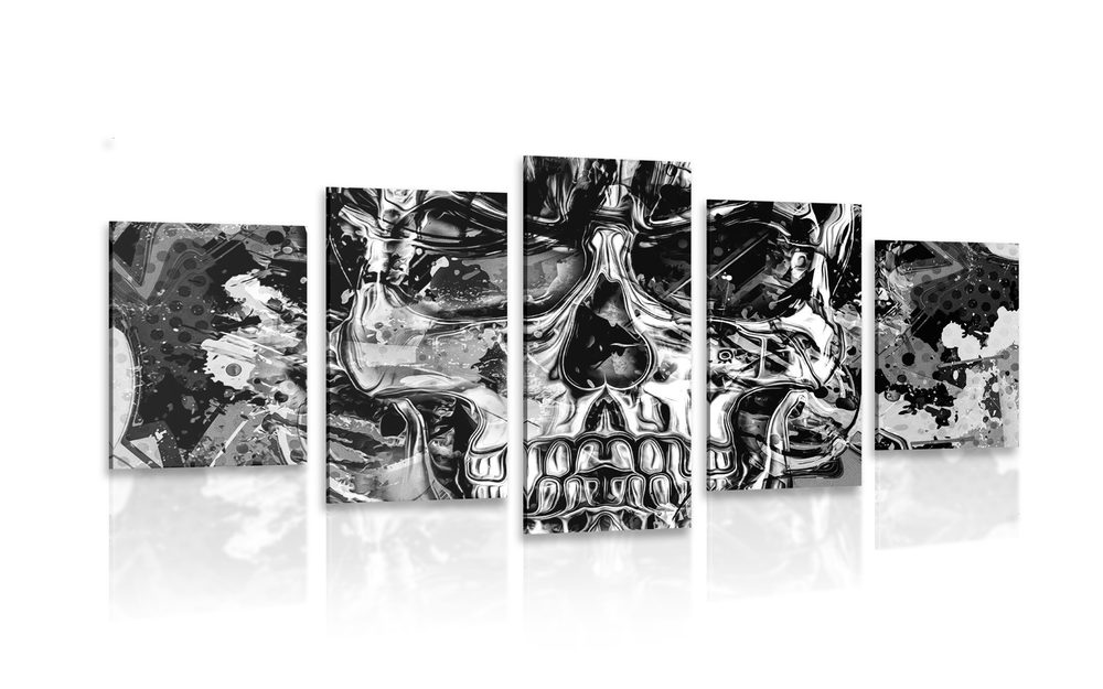 5-dielny obraz umelecká lebka v čiernobielom prevedení