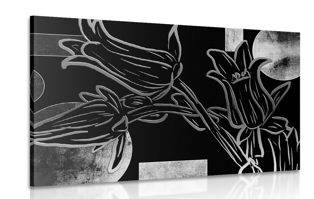 Obraz etno květy v černobílém provedení