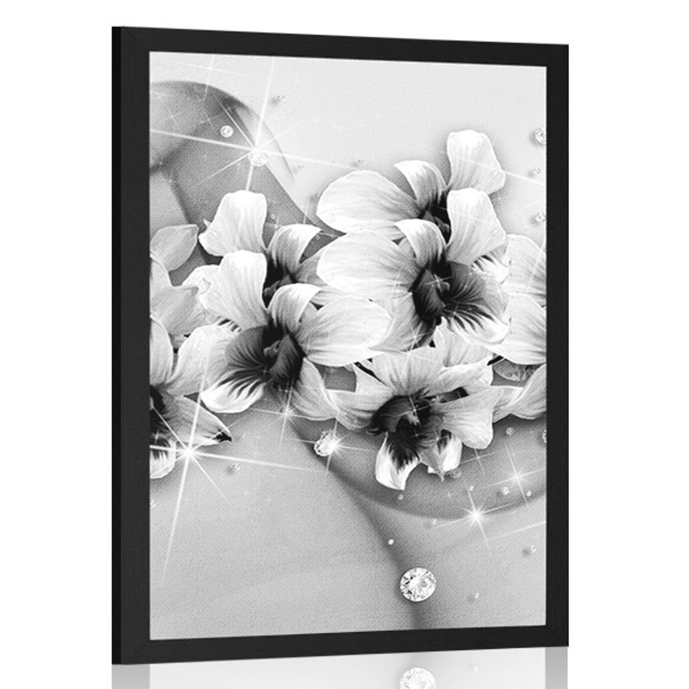 Plagát čiernobiele kvety na abstraktnom pozadí