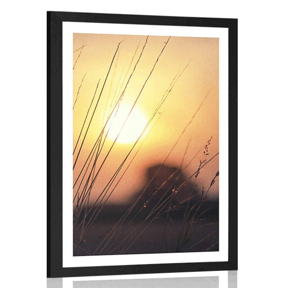 Plakát s paspartou východ slunce nad loukou