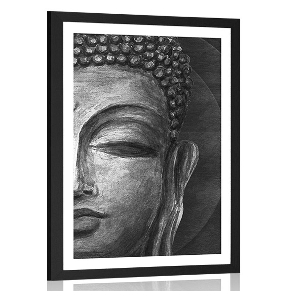 Plakát s paspartou tvář Buddhy v černobílém provedení