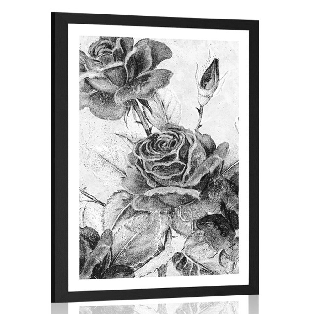 Plakát s paspartou vintage kytice růží v černobílém provedení