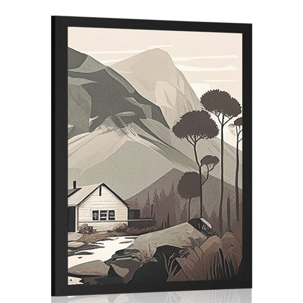 Plakát skandinávská chata v horách
