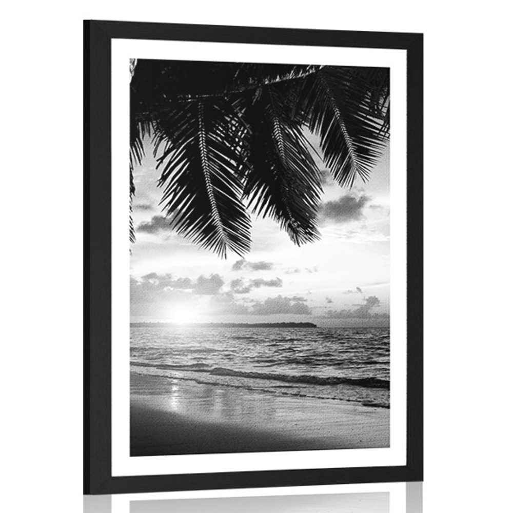 Plakát s paspartou východ slunce na karibské pláži v černobílém provedení
