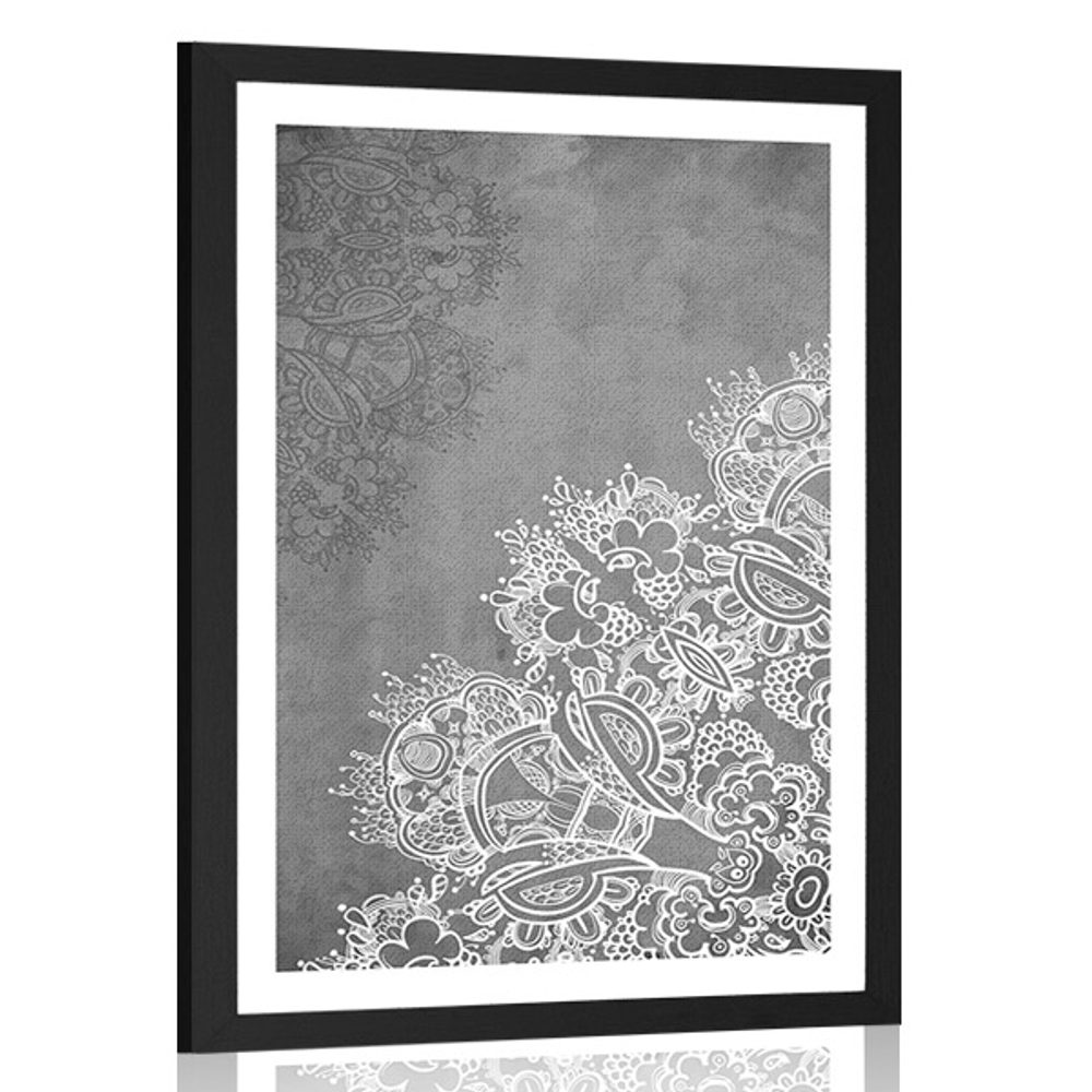 Plakát s paspartou prvky květinové Mandaly v černobílém provedení