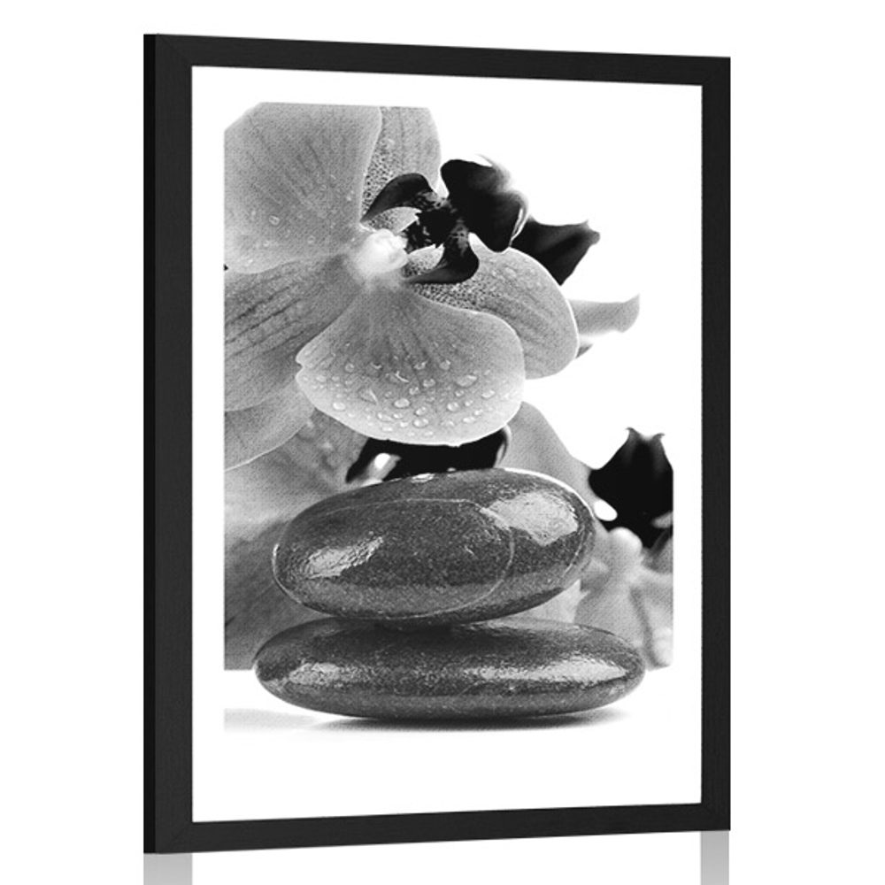Plagát s paspartou SPA kamene a orchidea v čiernobielom prevedení