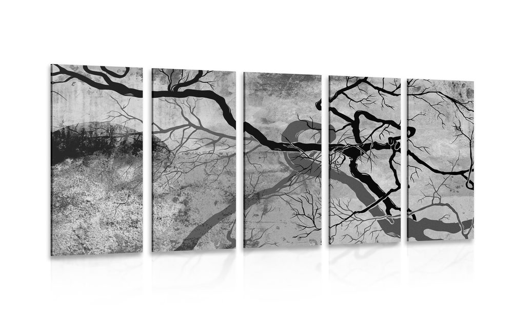 5-dílný obraz surrealistické stromy v černobílém provedení