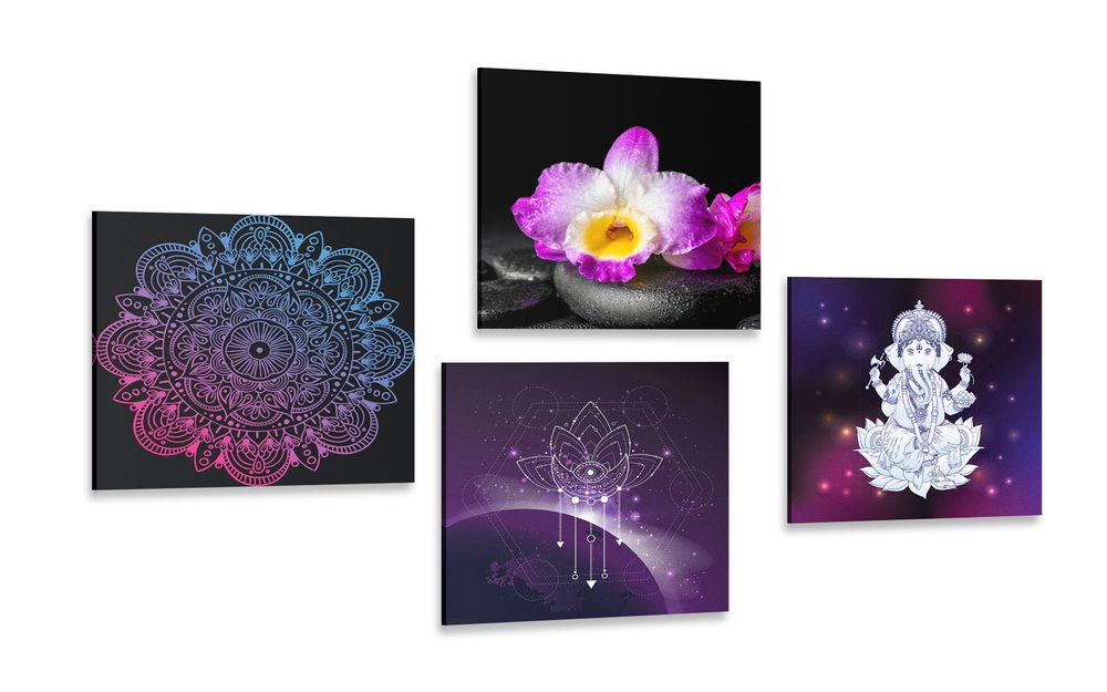 Set obrazov purpurové Zen zátišie s Budhom
