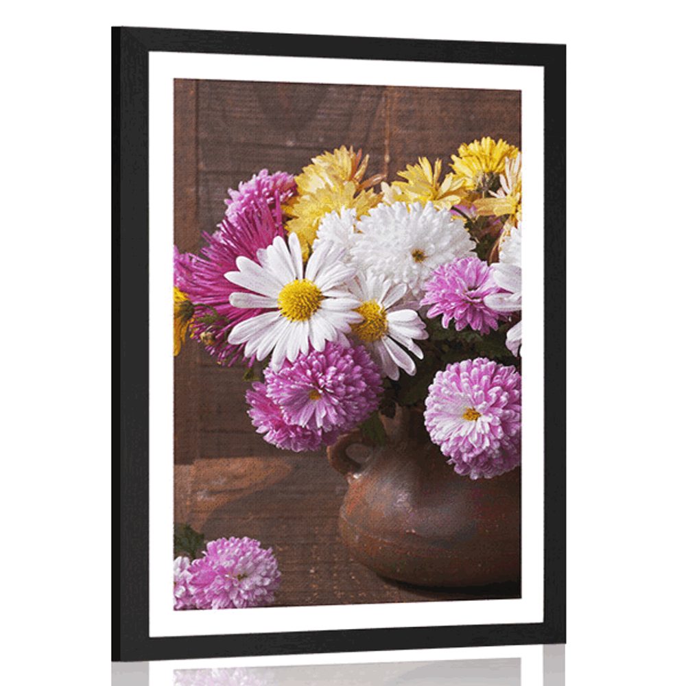 Plakát s paspartou zátiší s podzimními chryzantémy