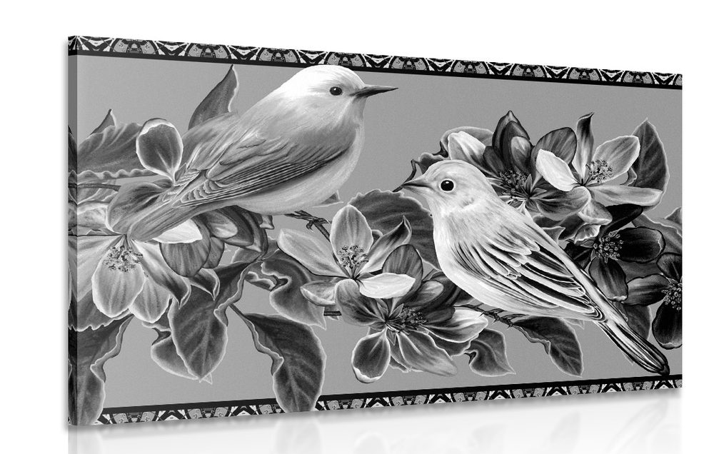 Obraz černobílé ptáčky a květiny ve vintage provedení