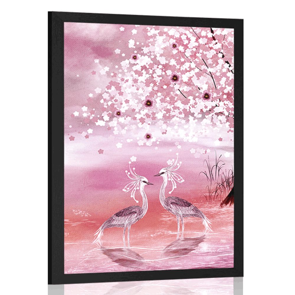 Plakát volavky pod magickým stromem v růžovém provedení