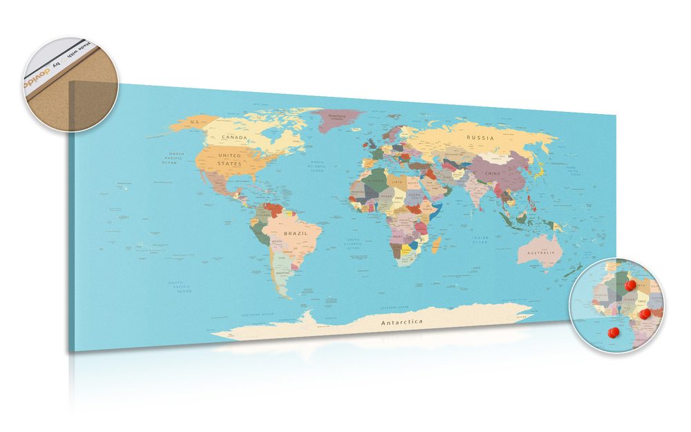 Obraz na korku mapa světa s názvy