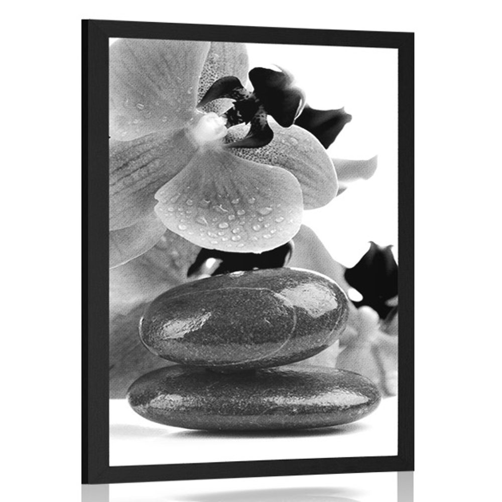 Plakát SPA kameny a orchidej v černobílém provedení