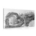 CANVAS PRINT WICKER HEART WITH LANTERNS AND LILAC IN BLACK AND WHITE - BLACK AND WHITE PICTURES - PICTURES