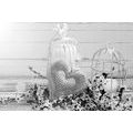 CANVAS PRINT VINTAGE HEART AND LANTERNS IN BLACK AND WHITE - BLACK AND WHITE PICTURES - PICTURES