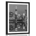 POSTER WITH MOUNT REFLECTION OF MANHATTAN IN WATER IN BLACK AND WHITE - BLACK AND WHITE - POSTERS