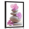 POSTER WITH MOUNT BALANCING STONES AND PINK ORIENTAL FLOWERS - FENG SHUI - POSTERS