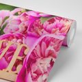 WALL MURAL PEONIES WITH THE INSCRIPTION LOVE - WALLPAPERS FLOWERS - WALLPAPERS