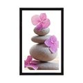 POSTER WITH MOUNT BALANCING STONES AND PINK ORIENTAL FLOWERS - FENG SHUI - POSTERS
