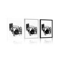 POSTER WITH MOUNT BLACK AND WHITE RETRO CAR WITH AN ABSTRACTION - BLACK AND WHITE - POSTERS