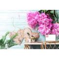WALL MURAL PEONIES AND BIRCH HEARTS - WALLPAPERS VINTAGE AND RETRO - WALLPAPERS