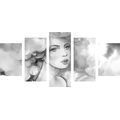 5-PIECE CANVAS PRINT WOMAN'S CHARM IN BLACK AND WHITE - BLACK AND WHITE PICTURES - PICTURES