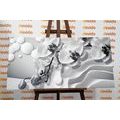 CANVAS PRINT BLACK AND WHITE ORCHID ON AN ABSTRACT BACKGROUND - BLACK AND WHITE PICTURES - PICTURES