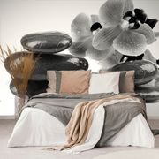 WALL MURAL BLACK AND WHITE STONES AND AN ORCHID - BLACK AND WHITE WALLPAPERS - WALLPAPERS