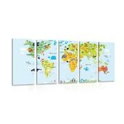 5-PIECE CANVAS PRINT CHILDREN'S WORLD MAP WITH ANIMALS - CHILDRENS PICTURES - PICTURES