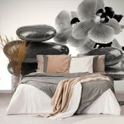 SELF ADHESIVE WALL MURAL BLACK AND WHITE STONES AND AN ORCHID - SELF-ADHESIVE WALLPAPERS - WALLPAPERS